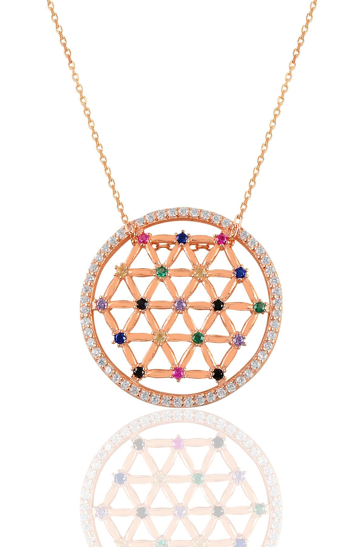 Gümüş rose renkli taşlı yaşam çiçeği kolye  SGTL11117ROSE