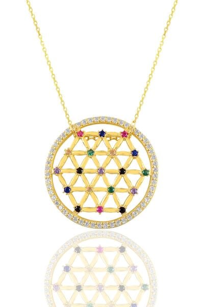 Gümüş altın yaldızlı renkli taşlı yaşam çiçeği kolye SGTL11117GOLD