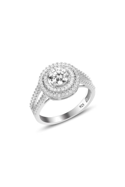 Gümüş rodyumlu zirkon taşlı pırlanta montürlü yuvarlak yüzük SGTL12088RODAJ