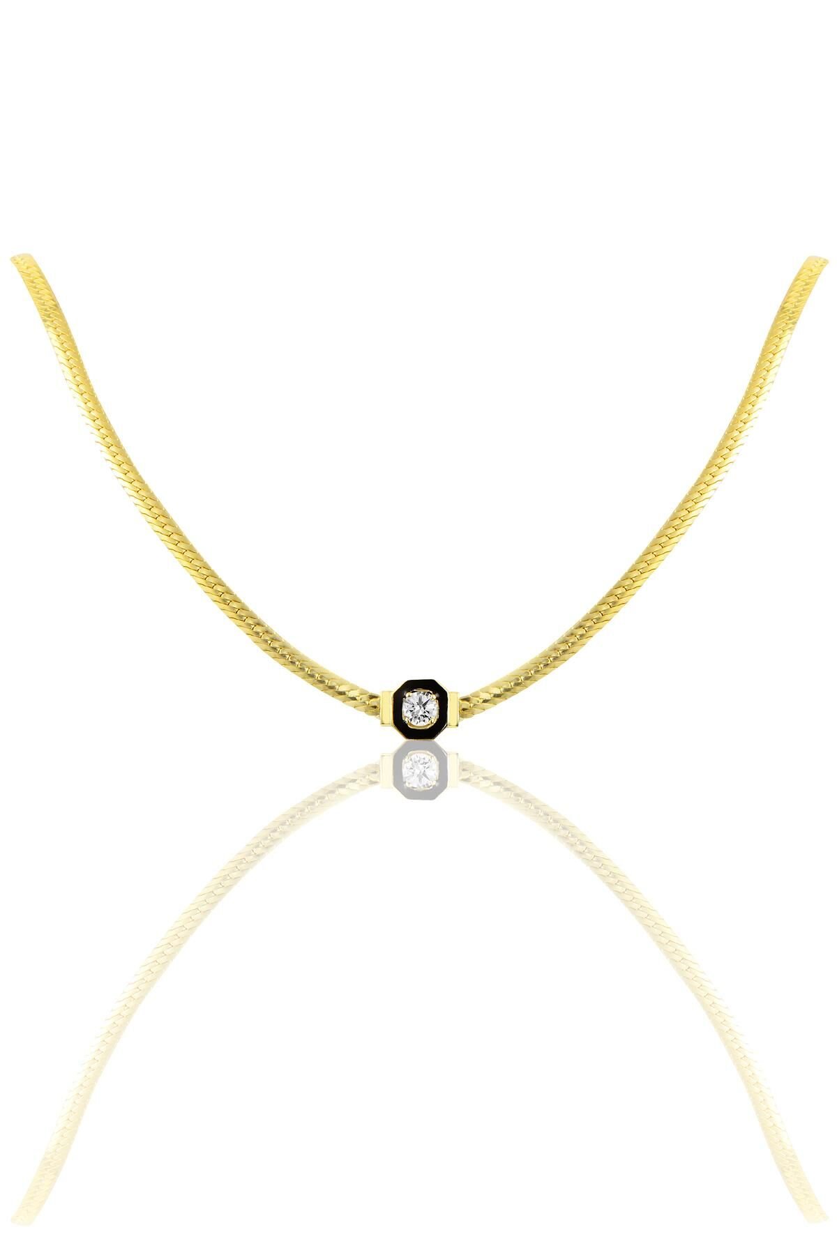 Gümüş tek taş ve mineli balık sırtı zincirli kolye SGTL10018GOLD