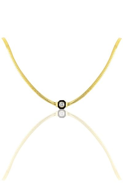 Gümüş tek taş ve mineli balık sırtı zincirli kolye SGTL10018GOLD