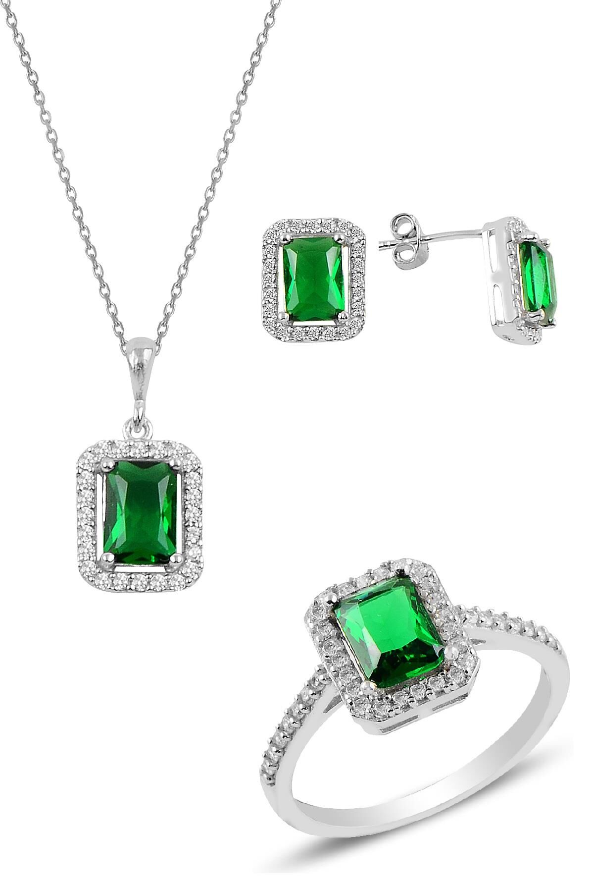 Gümüş rodyumlu kök zümrüt baget taşlı üçlü set SGTL10733YSL