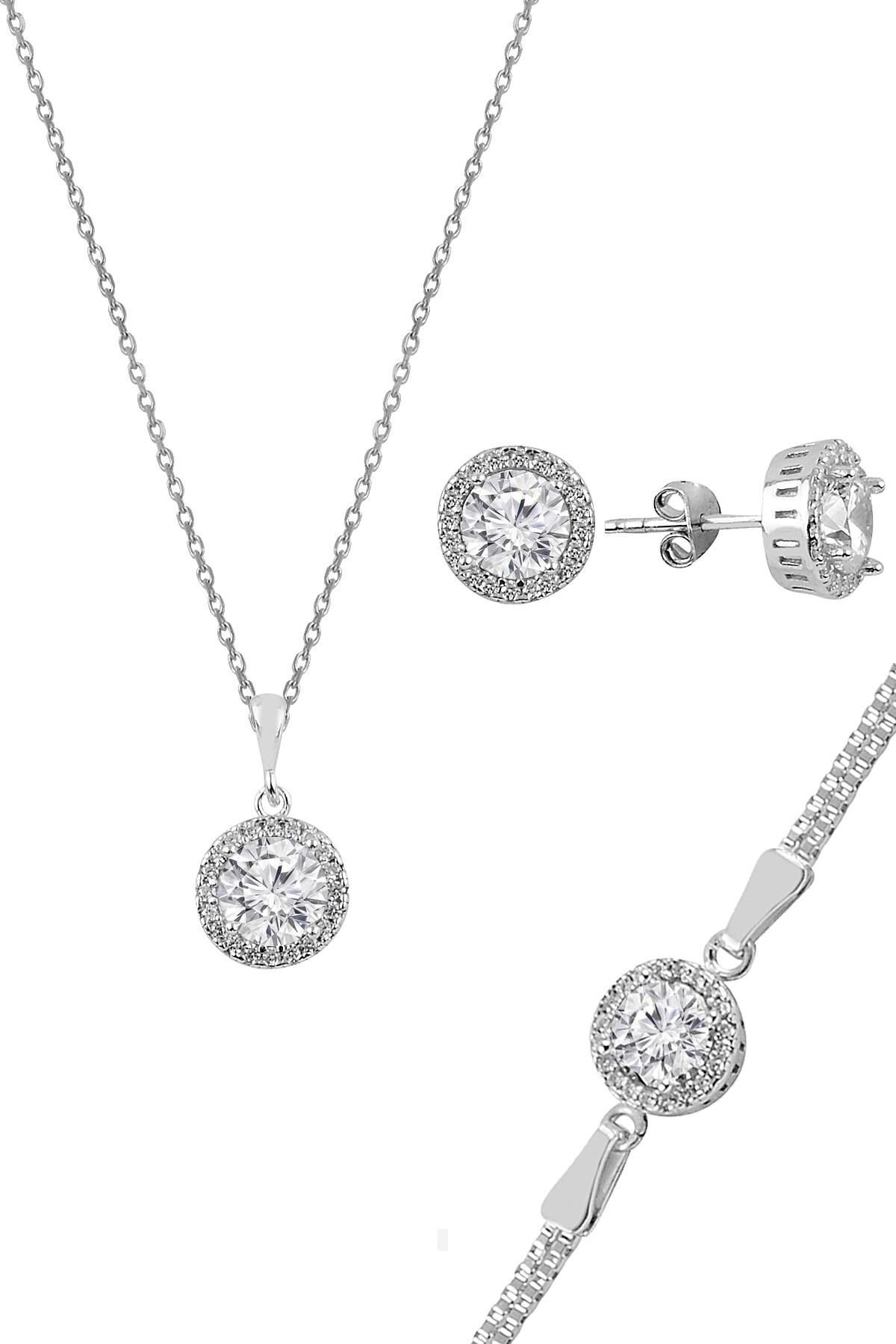 Gümüş zirkon taşlı yuvarlak pırlanta montürlü gümüş üçlü set SGTL10724RODAJ