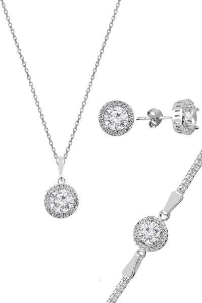 Gümüş zirkon taşlı yuvarlak pırlanta montürlü gümüş üçlü set SGTL10724RODAJ
