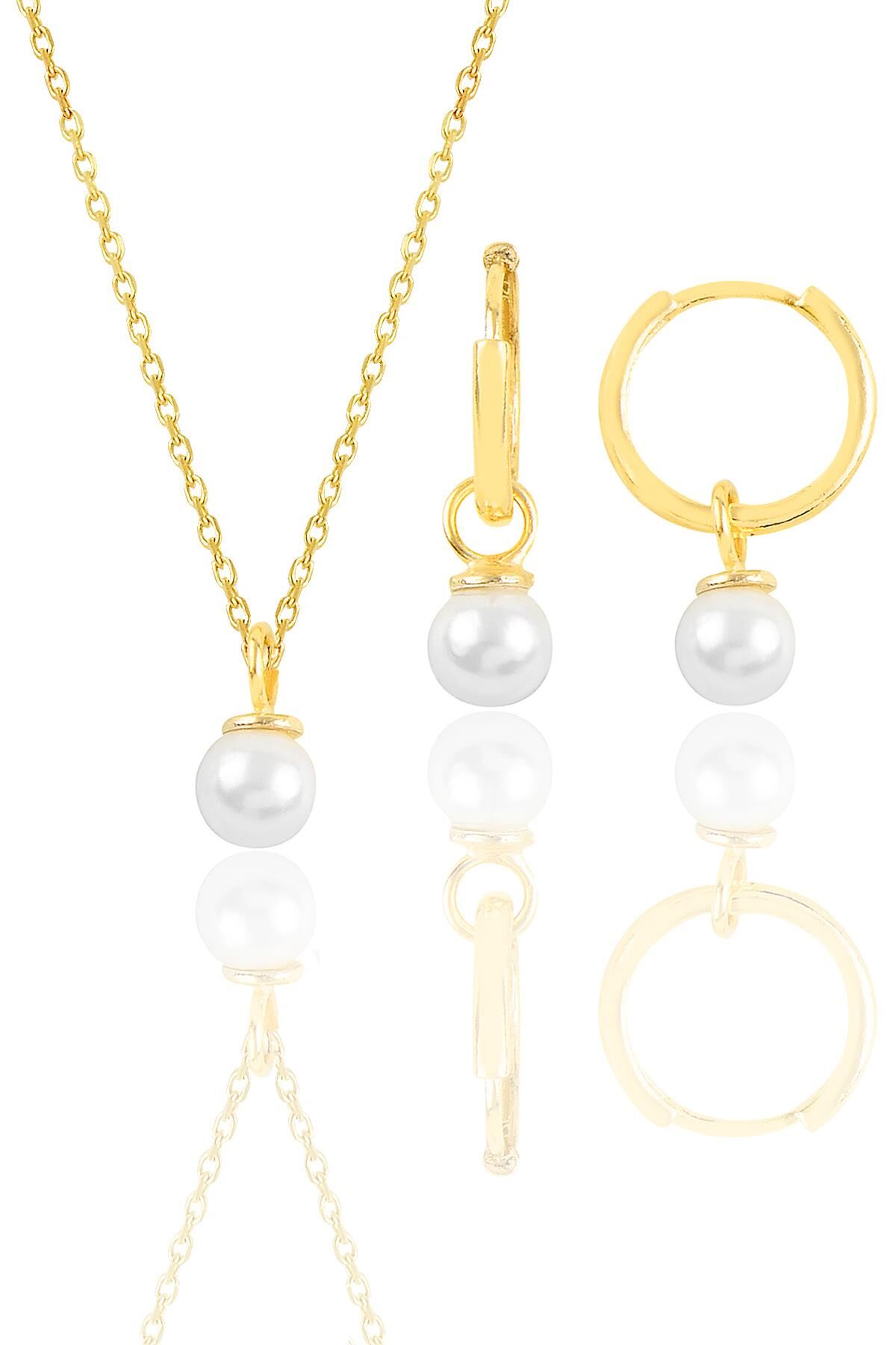 Gümüş altın yaldızlı incili kolye ve halka küpe  ikili set SGTL12070GOLD