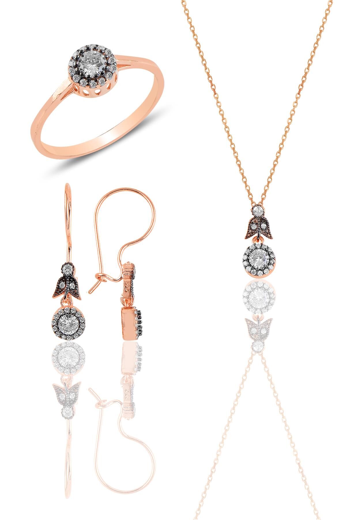 Gümüş rose elmas montürlü yuvarlak üçlü set… SGTL11465ROSE