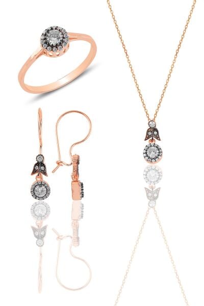 Gümüş rose elmas montürlü yuvarlak üçlü set… SGTL11465ROSE