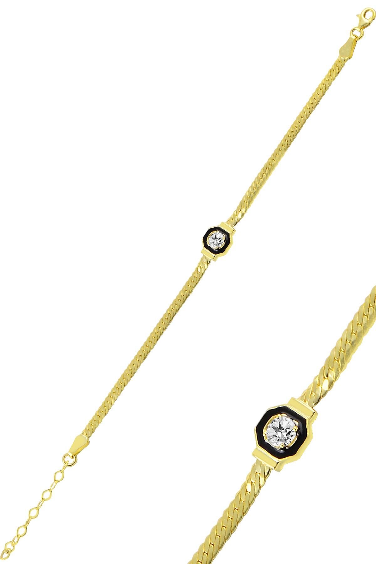 Gümüş tek taş ve mineli balık sırtı zincirli bileklik SGTL10019GOLD