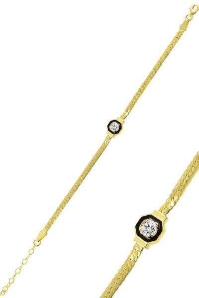 Gümüş tek taş ve mineli balık sırtı zincirli bileklik SGTL10019GOLD