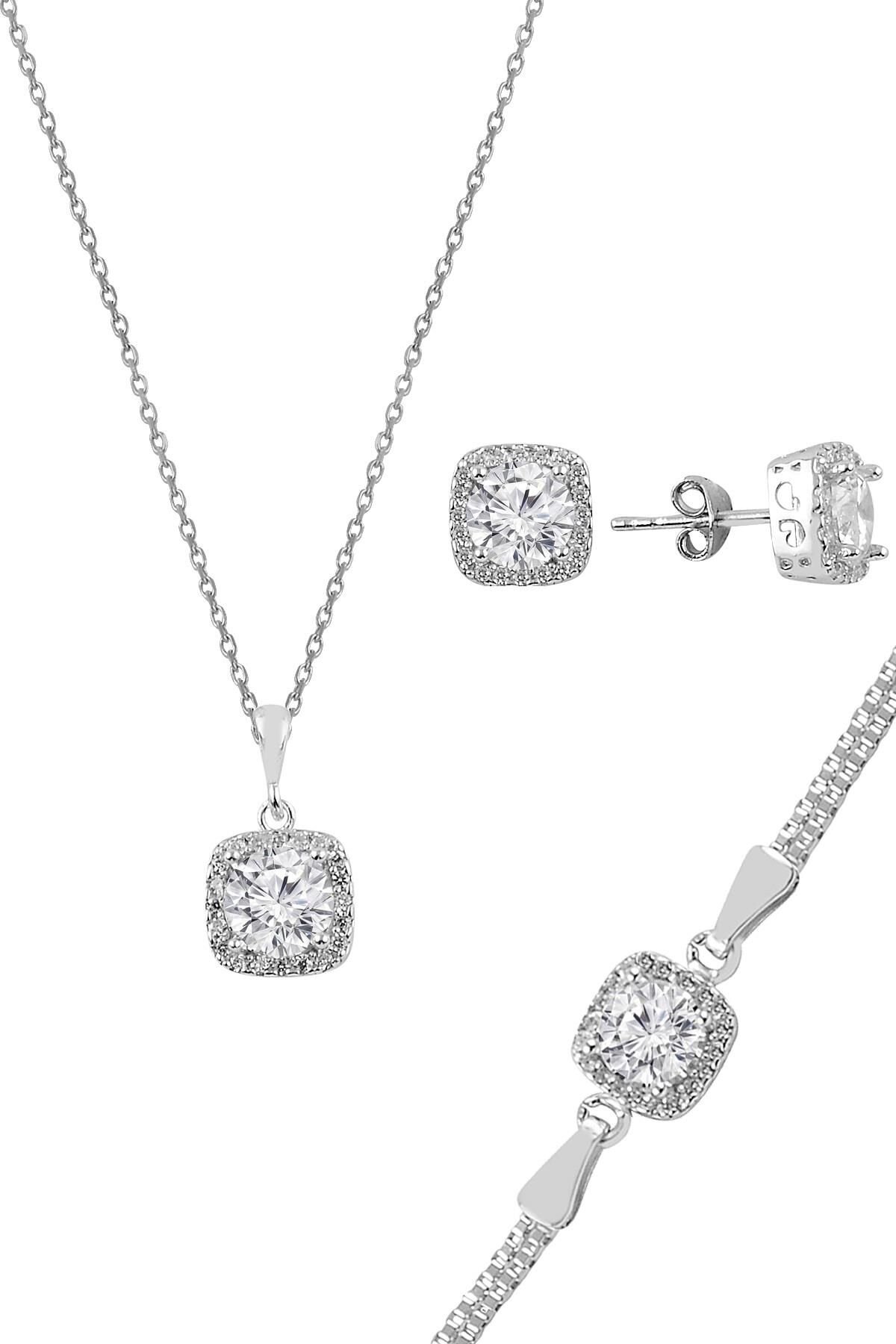 Gümüş zirkon taşlı kare pırlanta montürlü gümüş üçlü set SGTL10725RODAJ