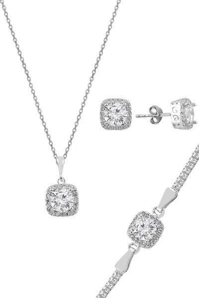 Gümüş zirkon taşlı kare pırlanta montürlü gümüş üçlü set SGTL10725RODAJ