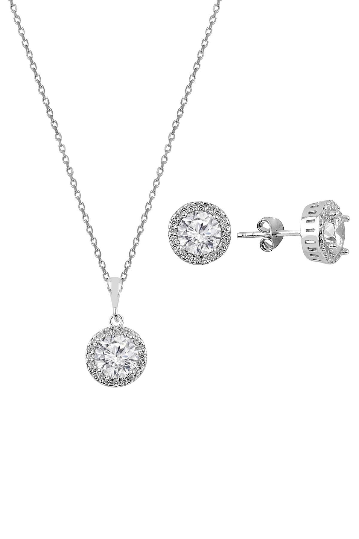 Gümüş zirkon taşlı yuvarlak pırlanta montürlü gümüş ikili set SGTL10726RODAJ