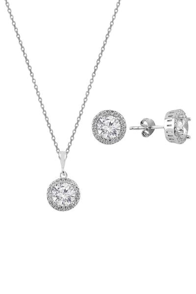 Gümüş zirkon taşlı yuvarlak pırlanta montürlü gümüş ikili set SGTL10726RODAJ