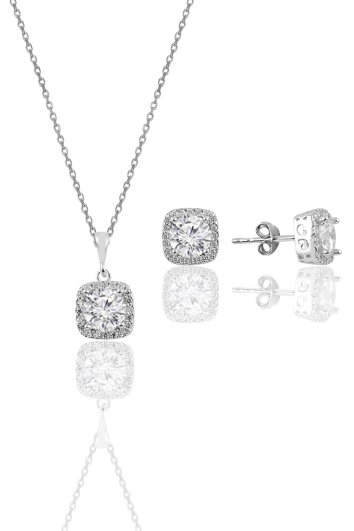 Gümüş zirkon taşlı kare pırlanta montürlü gümüş ikili set SGTL10727RODAJ