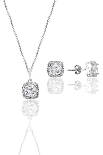 Gümüş zirkon taşlı kare pırlanta montürlü gümüş ikili set SGTL10727RODAJ