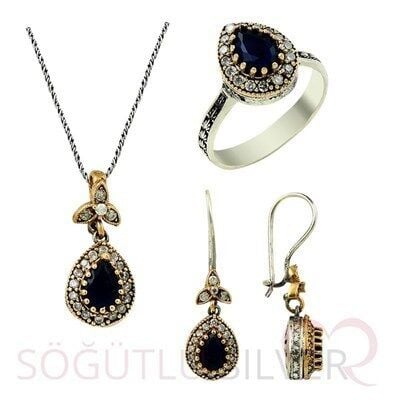 kök safir taşlı otantik üçlü set set8389