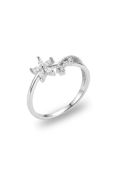 925 Ayar Gümüş Yüzük Rodyumlu Işıltılı Zirkon Taşlı Zarif Lotus Çiçeği Yüzük