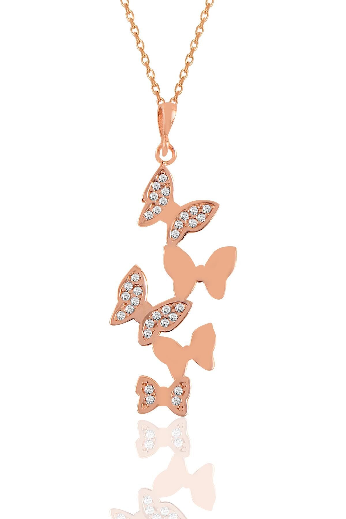 Gümüş rose zirkon taşlı uçuşan kelebekler kolye SGTL11112ROSE