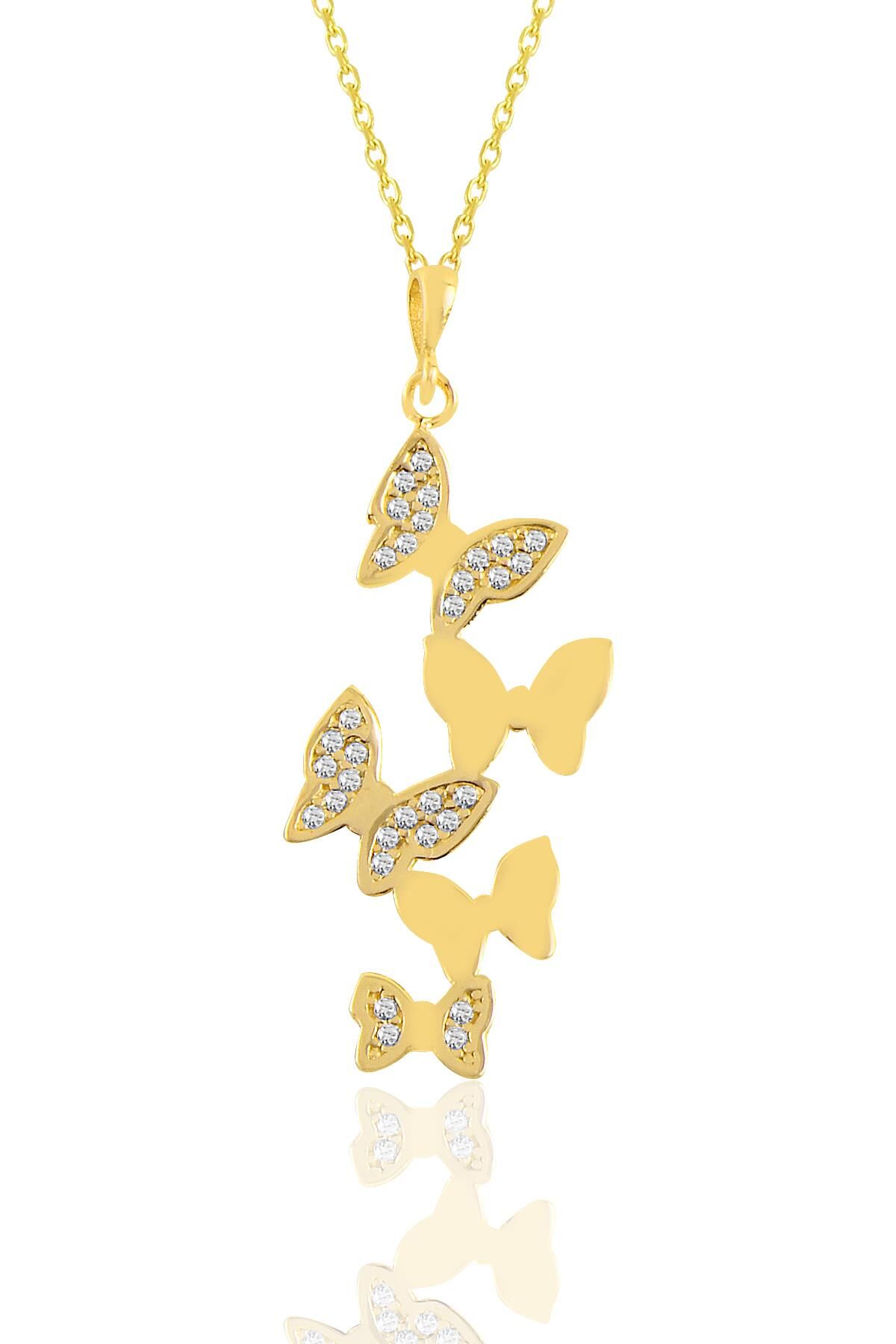 Gümüş altın yaldızlı zirkon taşlı uçuşan kelebekler kolye SGTL11112GOLD