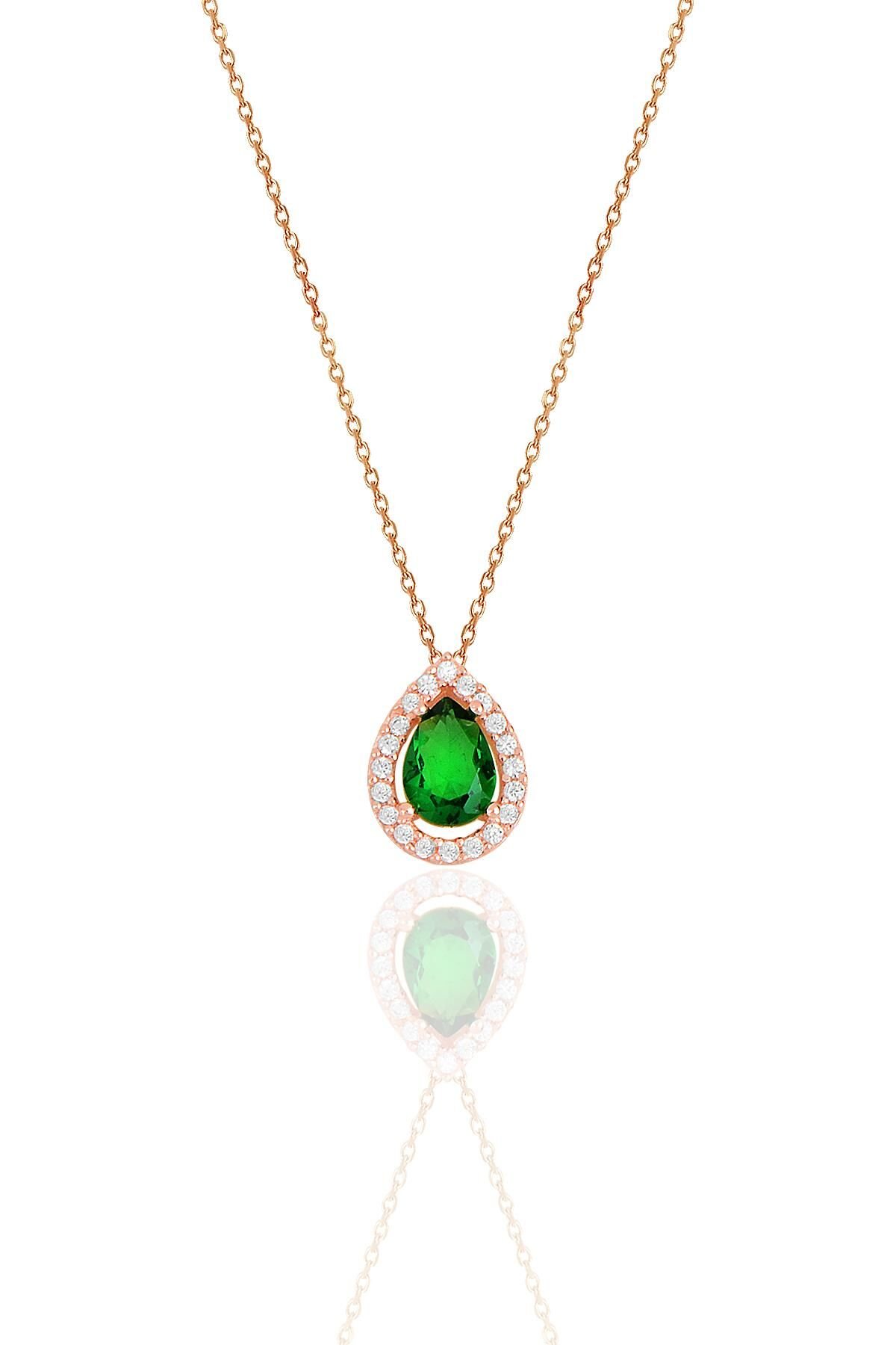 Gümüş rose kök zümrüt taşlı damla modeli kolye SGTL11513YESIL