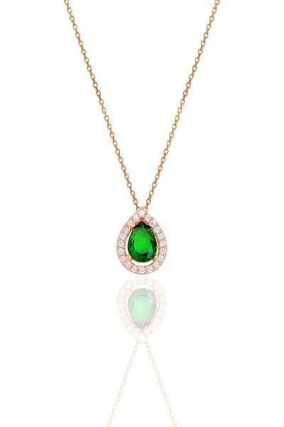 Gümüş rose kök zümrüt taşlı damla modeli kolye SGTL11513YESIL