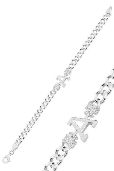 Gümüş rodyumlu zirkon taşlı üç boyutlu gurmet zincirli harf bileklik SGTL12883