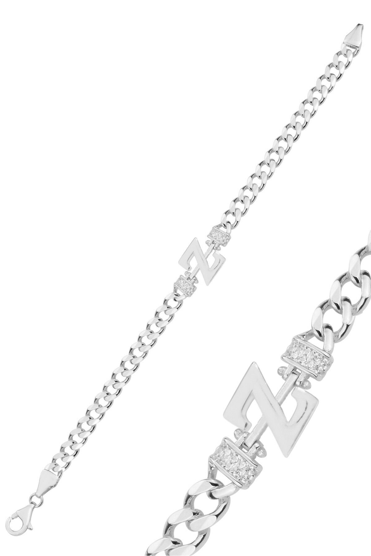 Gümüş rodyumlu zirkon taşlı üç boyutlu gurmet zincirli harf bileklik SGTL12883