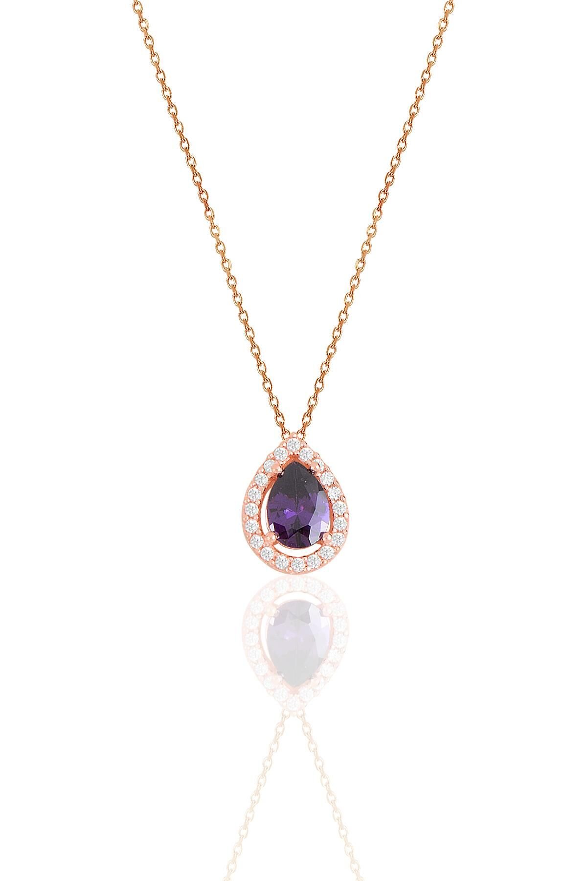 Gümüş rose ametis taşlı damla modeli kolye SGTL11513MOR