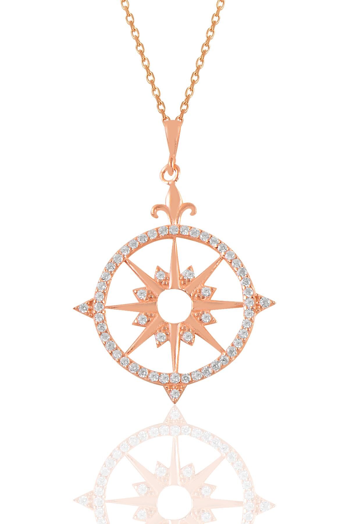 Gümüş rose zirkon taşlı kutup yıldızı pusula kolye SGTL11111ROSE