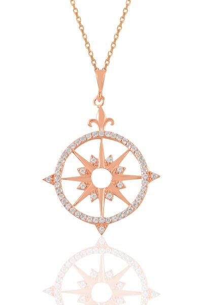 Gümüş rose zirkon taşlı kutup yıldızı pusula kolye SGTL11111ROSE