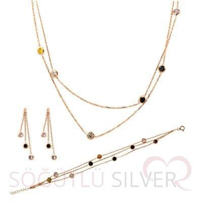 Gümüş Rose sıra  renkli zirkon taşlı set set8383