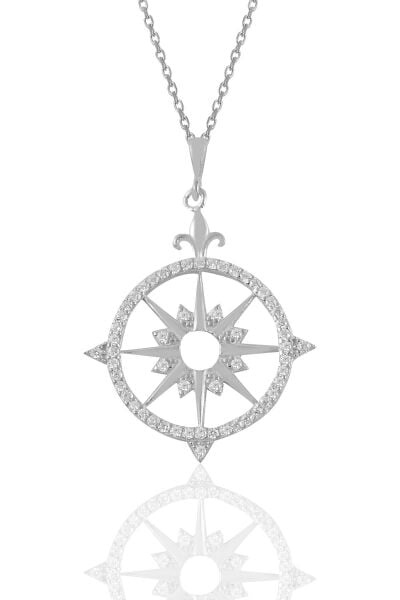 Gümüş rodyumlu zirkon taşlı kutup yıldızı pusula kolye SGTL11111RODAJ
