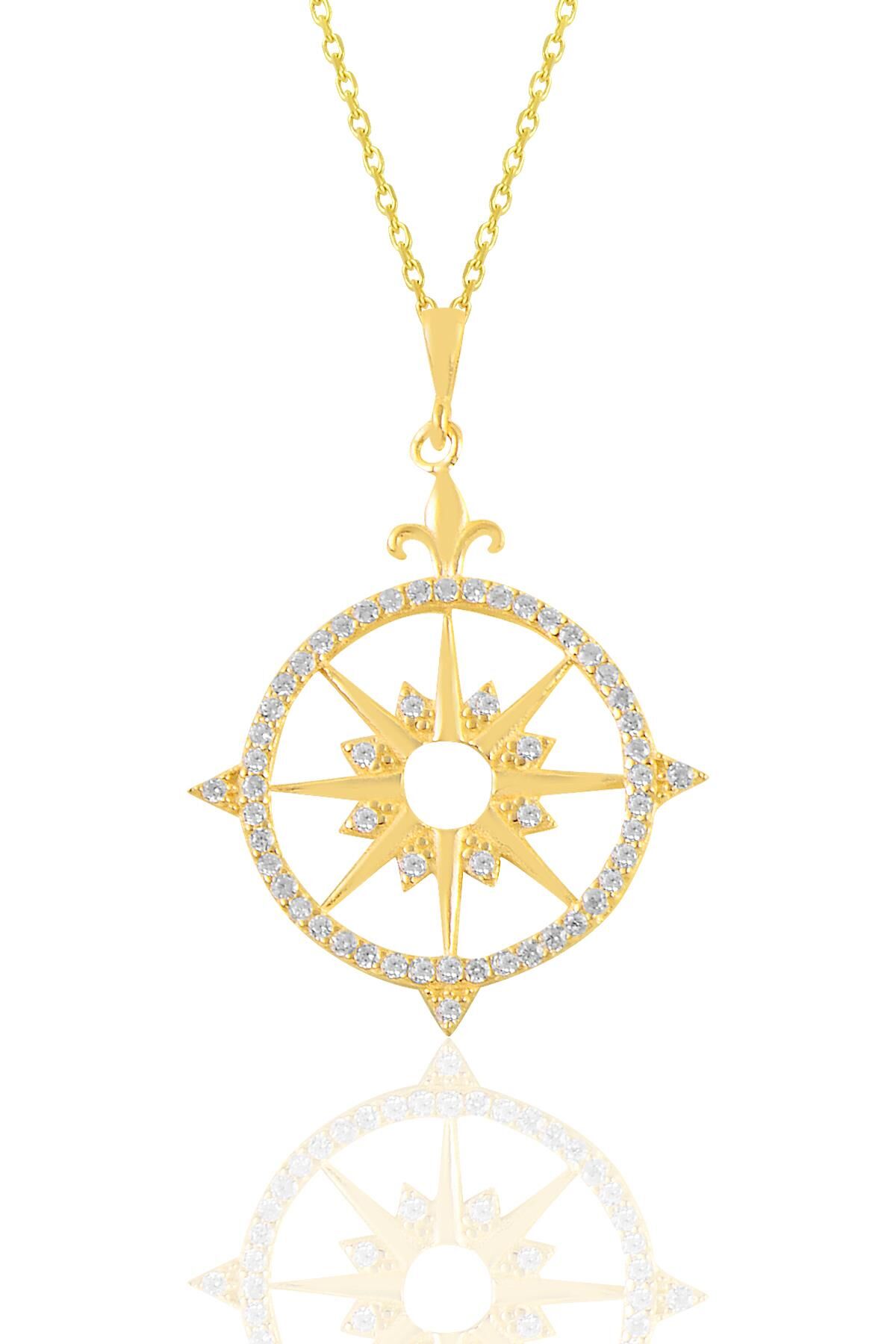 Gümüş altın yaldızlı zirkon taşlı kutup yıldızı pusula kolye SGTL11111GOLD