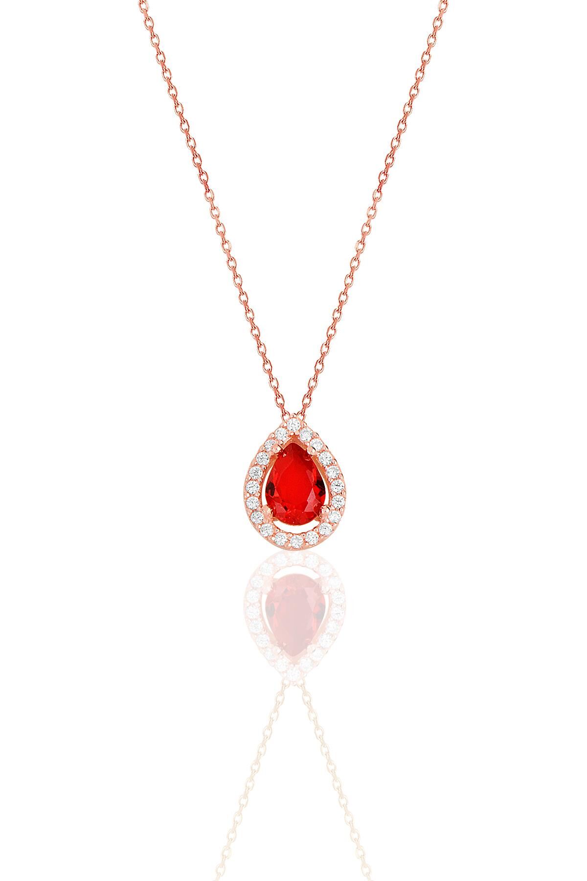 Gümüş rose kırmızı taşlı damla modeli kolye SGTL11513KIRMIZI
