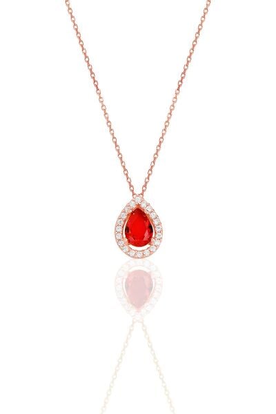 Gümüş rose kırmızı taşlı damla modeli kolye SGTL11513KIRMIZI