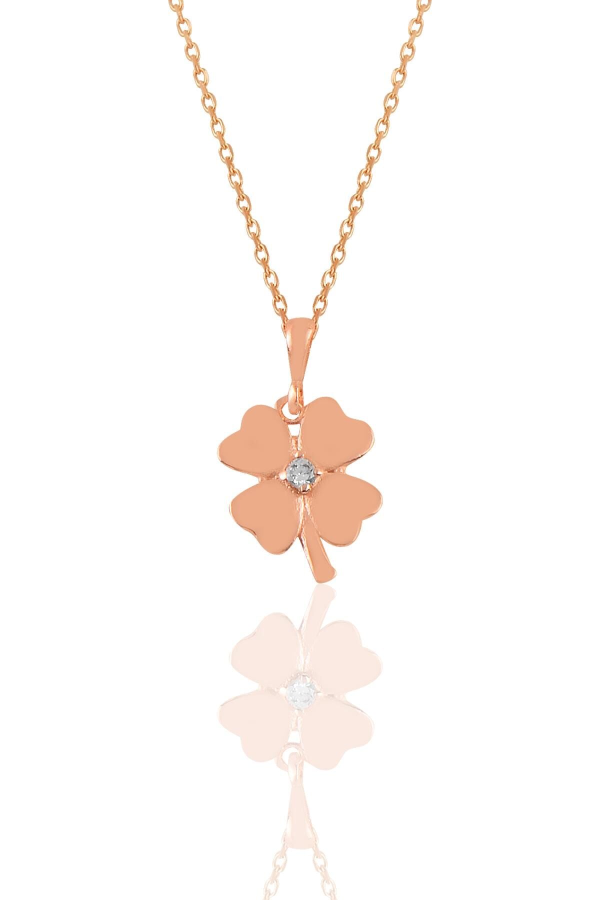 Gümüş rose tek taşlı dört yapraklı yonca kolye SGTL11110ROSE