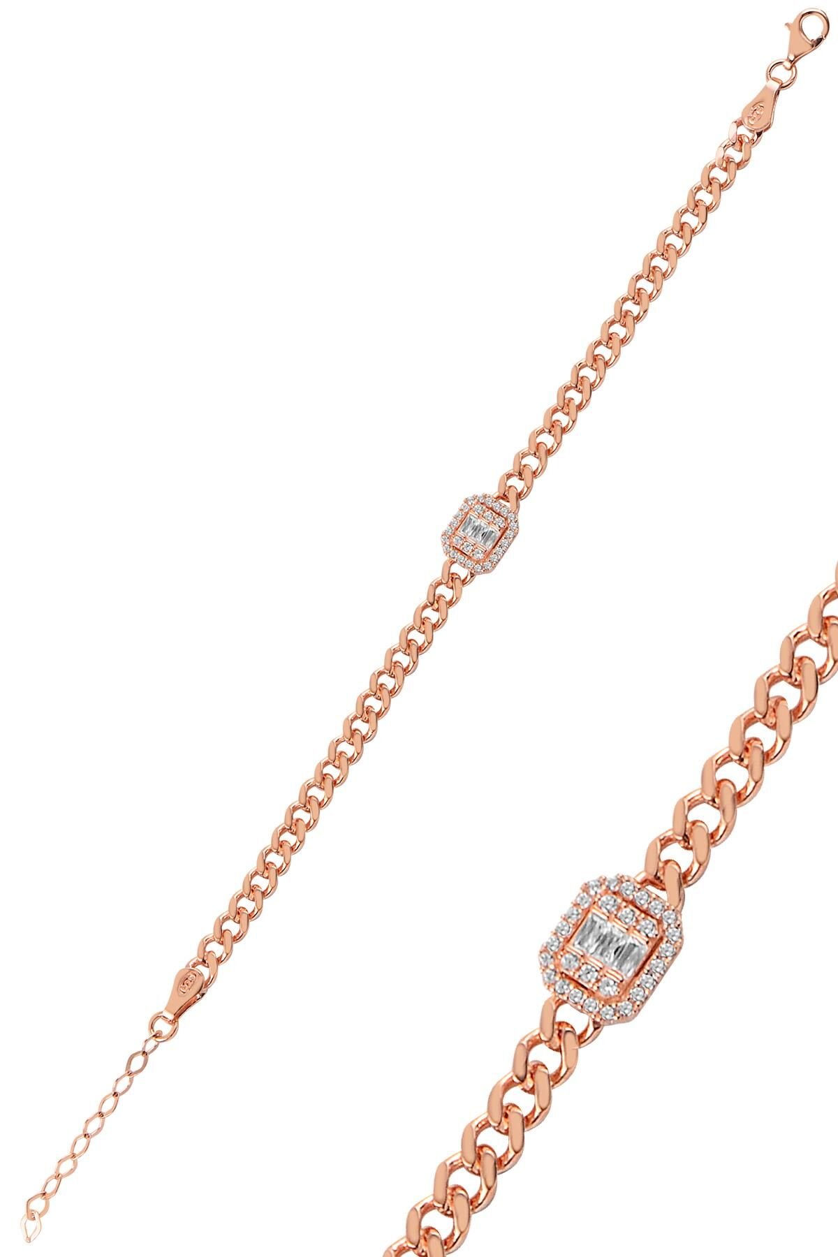 Gümüş zincir modeli baget taşlı bileklik SGTL10021ROSE