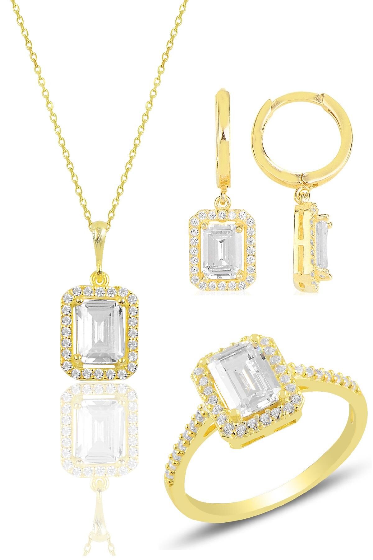 Gümüş altın yaldızlı baget taşlı üçlü set SGTL11564GOLD