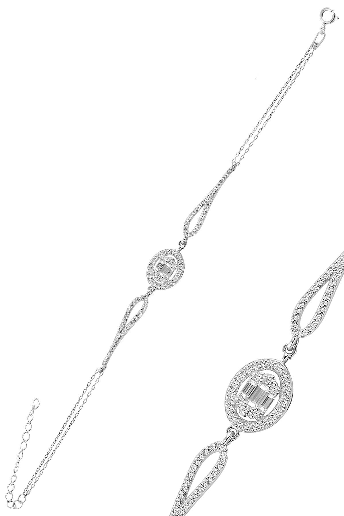 Gümüş rodyumlu oval zirkon baget taşlı bileklik. SGTL10740RODAJ