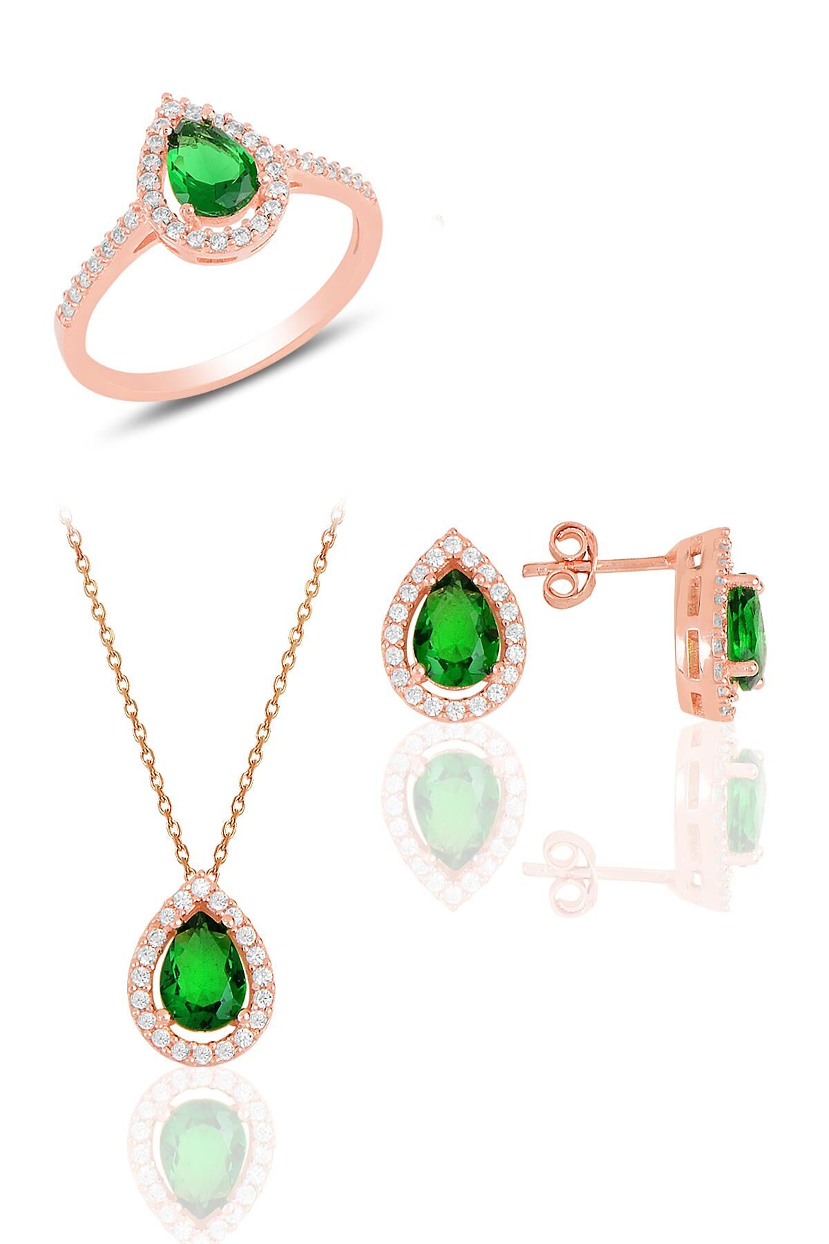 Gümüş rose kök zümrüt taşlı damla modeli üçlü set SGTL11512YESIL