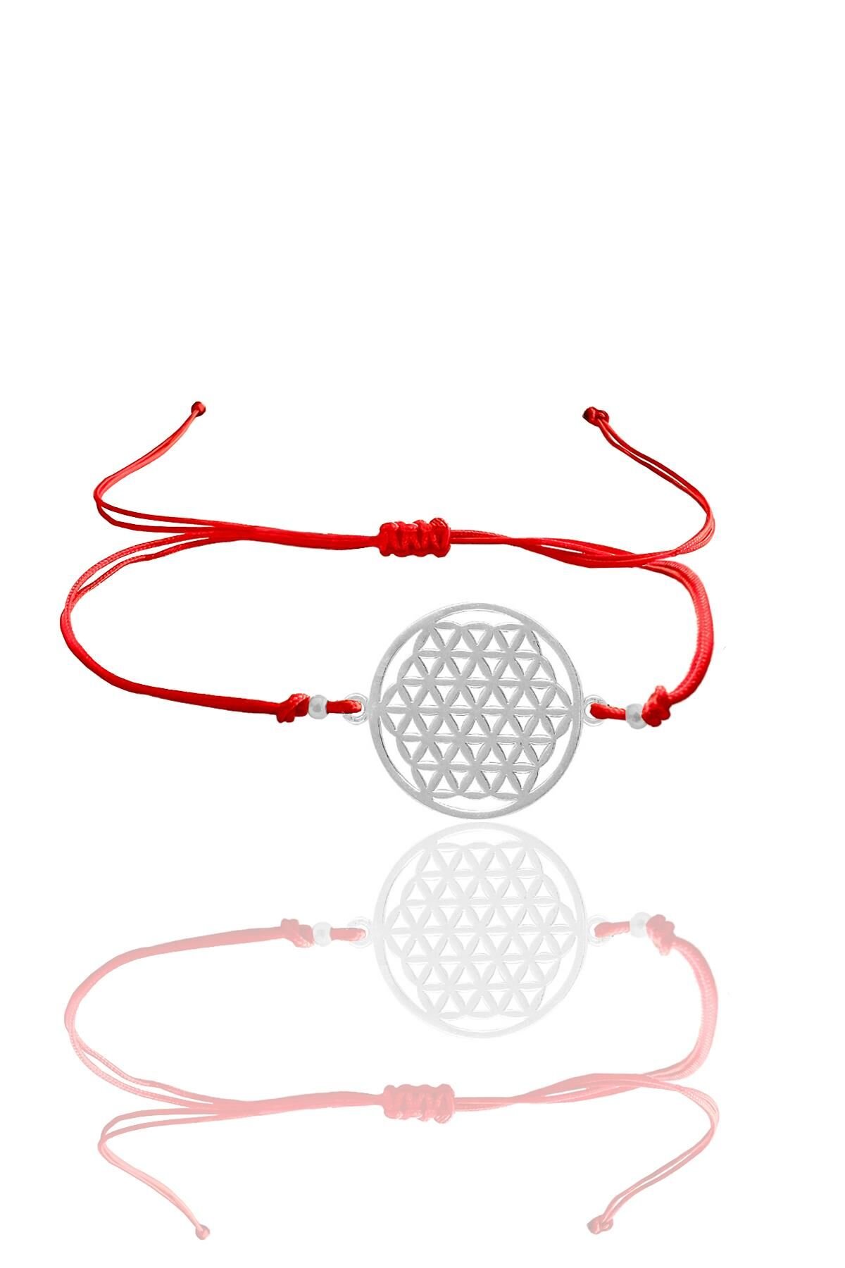 Gümüş  yaşam çiçeği kırmızı ipli bileklik SGTL12057RODAJ