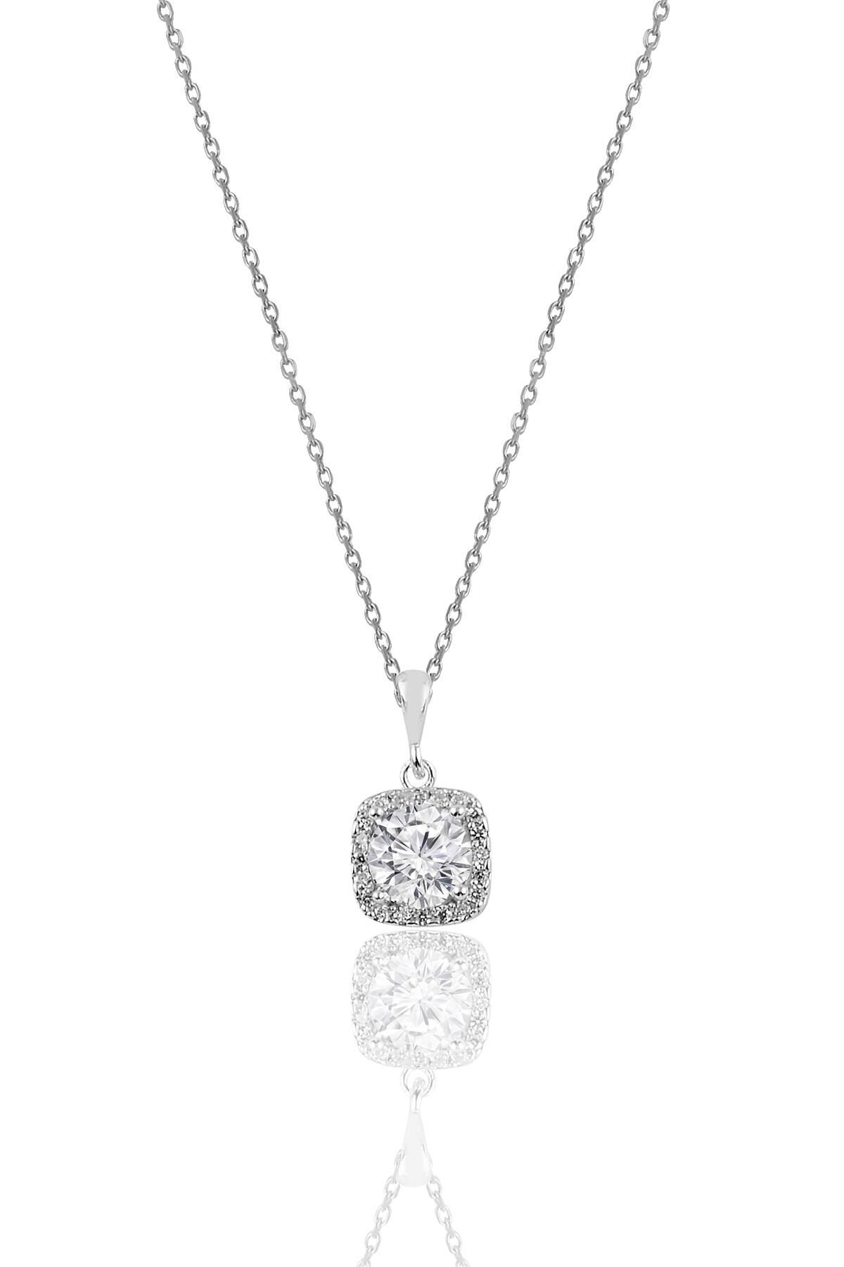 Gümüş zirkon taşlı kare pırlanta montürlü gümüş kolye SGTL10731RODAJ