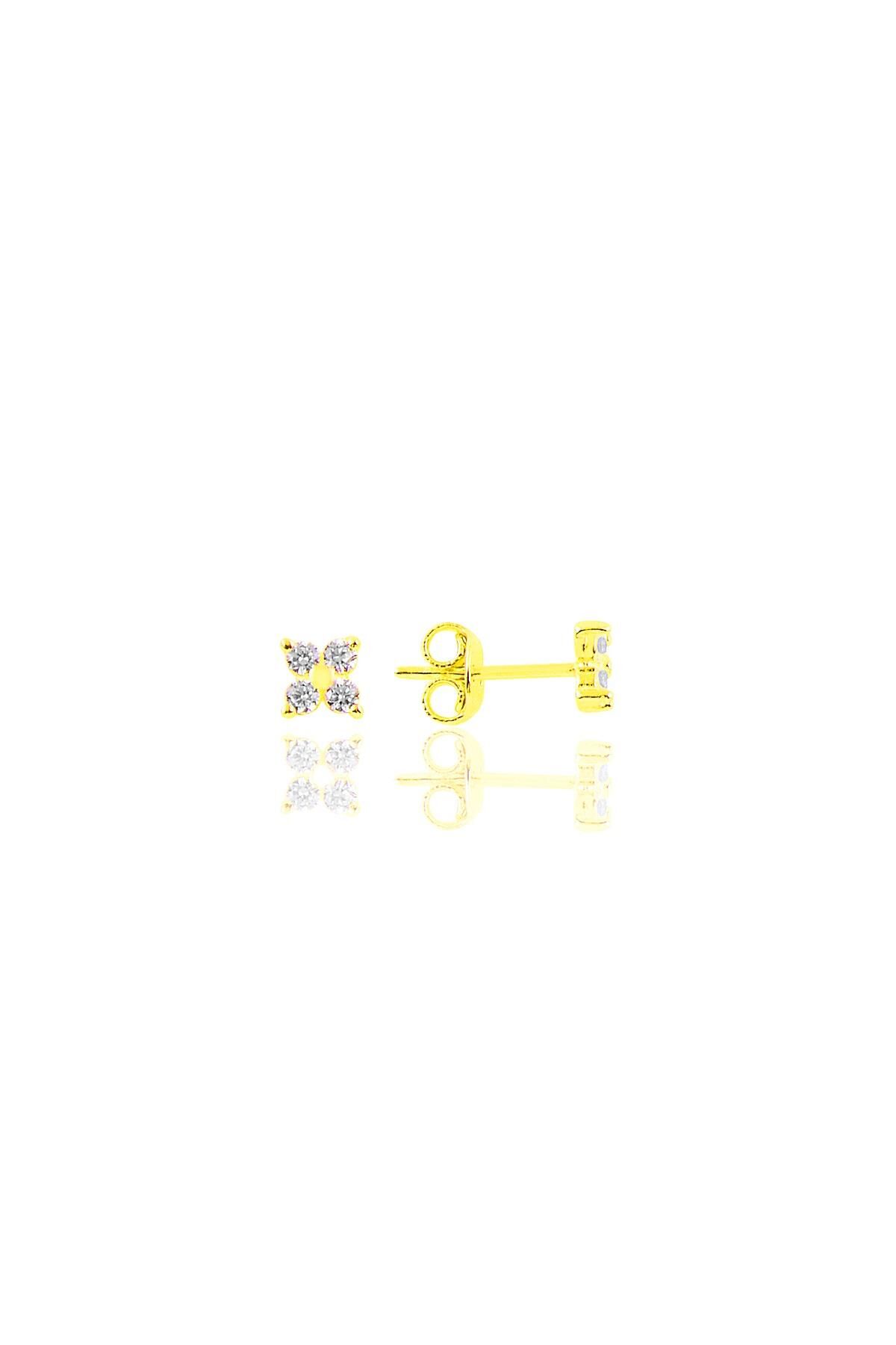 Gümüş altın yaldızlı zirkon  taşlı mini yonca küpe SGTL10644GOLD