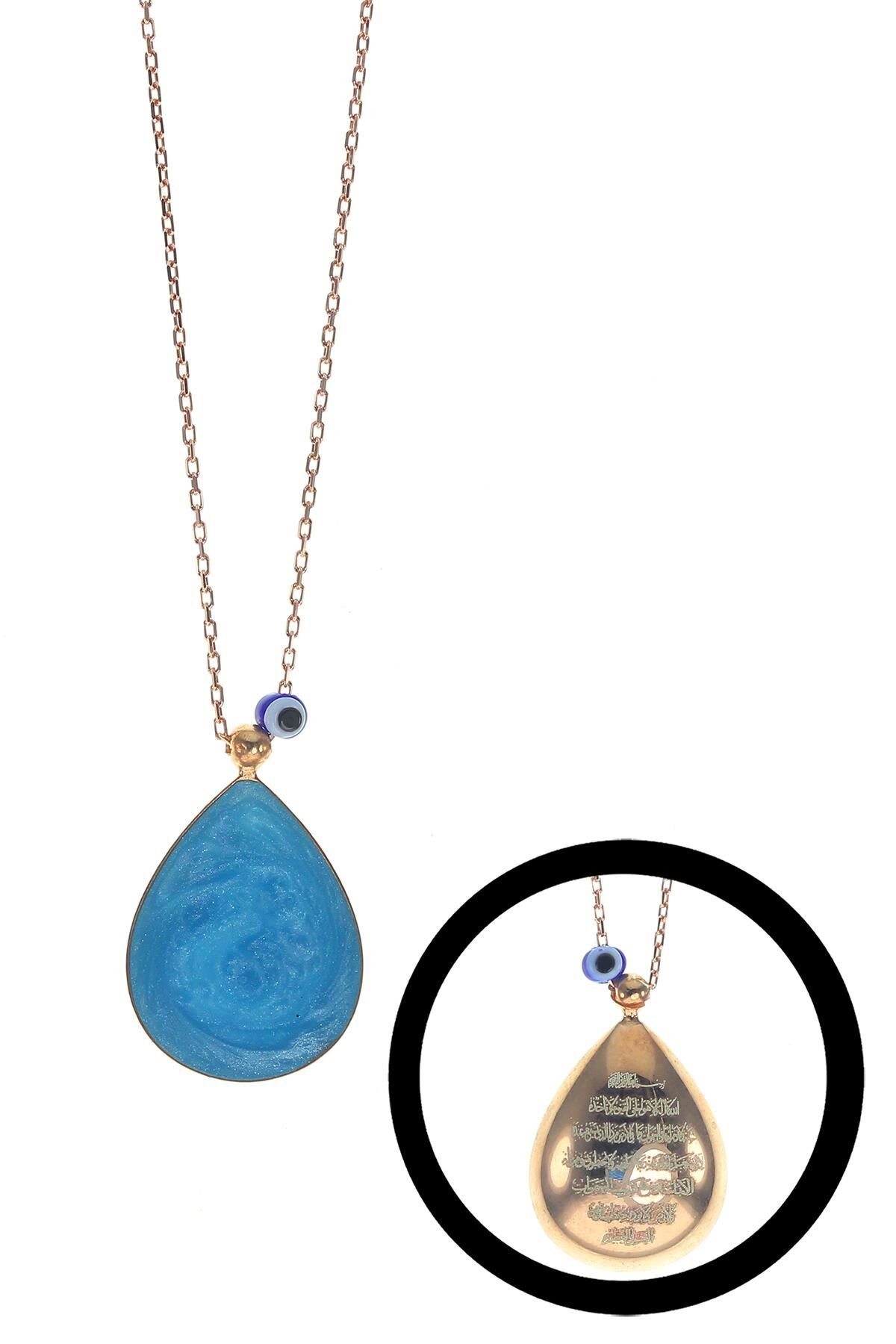 Gümüş çift taraflı ayetli ve mineli damla kolye SGTL8751