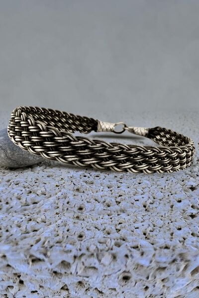 Gümüş tamamen el işçiliği kazaziye işlemeli örgülü erkek bileklik SGTL11984