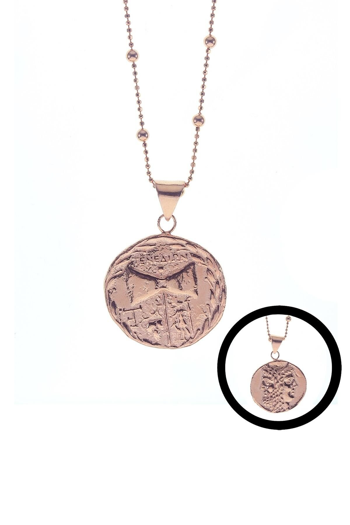 Gümüş top top zincirli çift taraflı antik para kolye SGTL8754