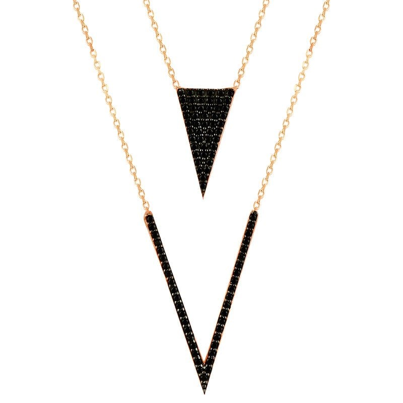 siyah  taşlı ikili üçgen rose tasarım kolye SGTL2496