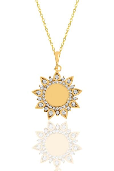 Gümüş altın yaldızlı zirkon taşlı sunflowers güneş kolye SGTL11107GOLD