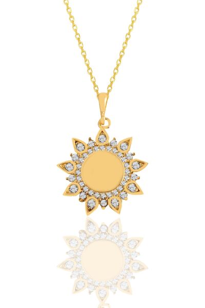Gümüş altın yaldızlı zirkon taşlı sunflowers güneş kolye SGTL11107GOLD