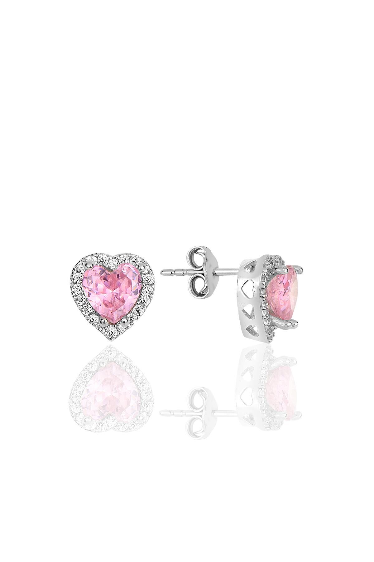 Gümüş rodyumlu pembe taşlı pırlanta montürlü Kalp modeli küpe SGTL12083PEMBE